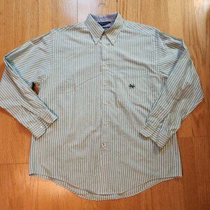 Nautica Long Sleeve Button Down Shirt Green White Striped Pocket Crest Mens Sz L